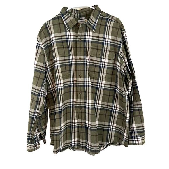 Carhartt Mens Shirt Green Flannel Cotton Plaid Button Up XL Long Sleeve Gorpcore - Picture 1 of 6